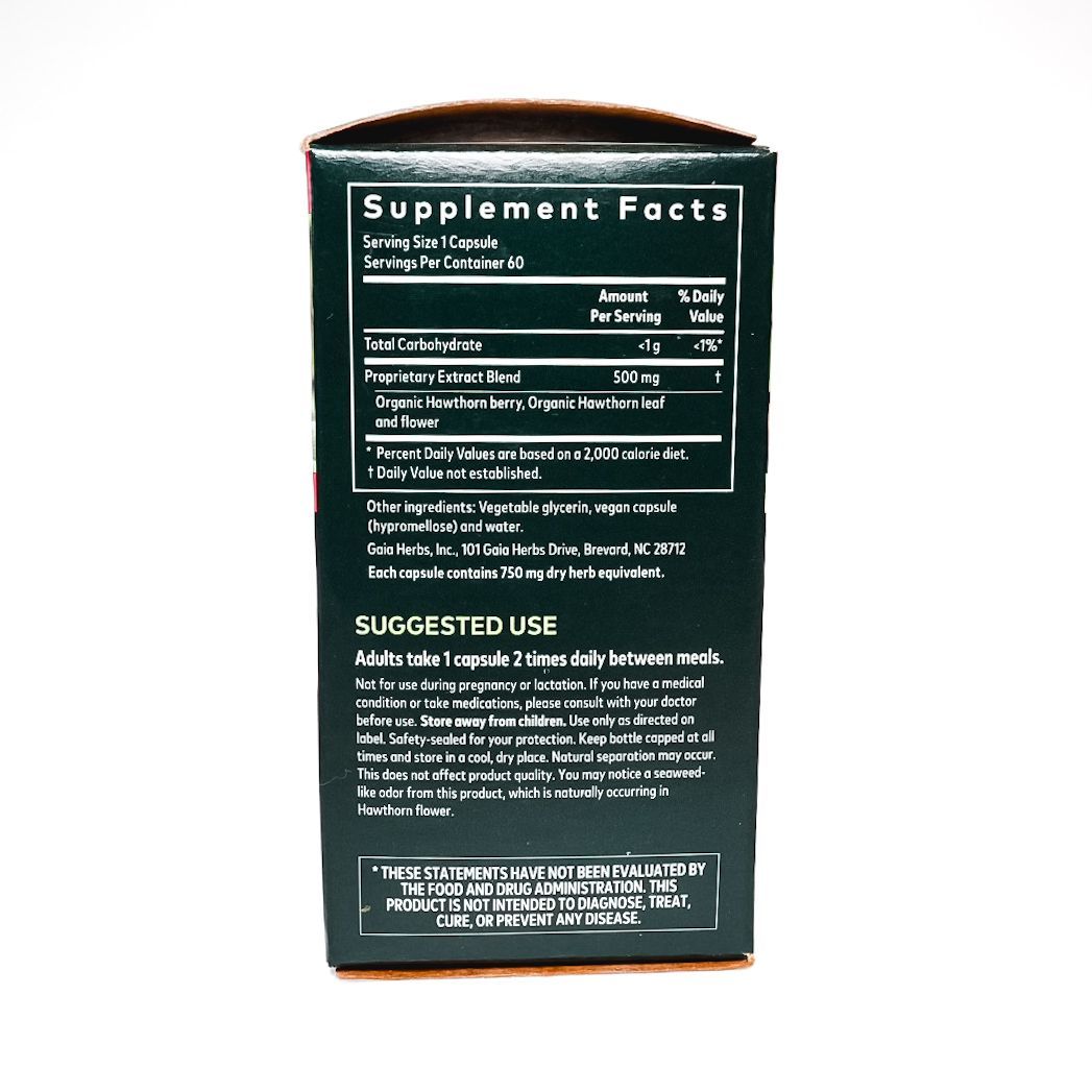 Gaia Herbs Hawthorn Supreme supplement box with green leaves on the label