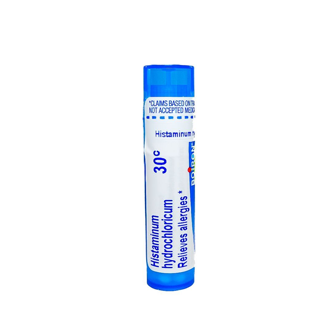 Blue-and-white homeopathic medicine tube with “Histaminum 30C” text