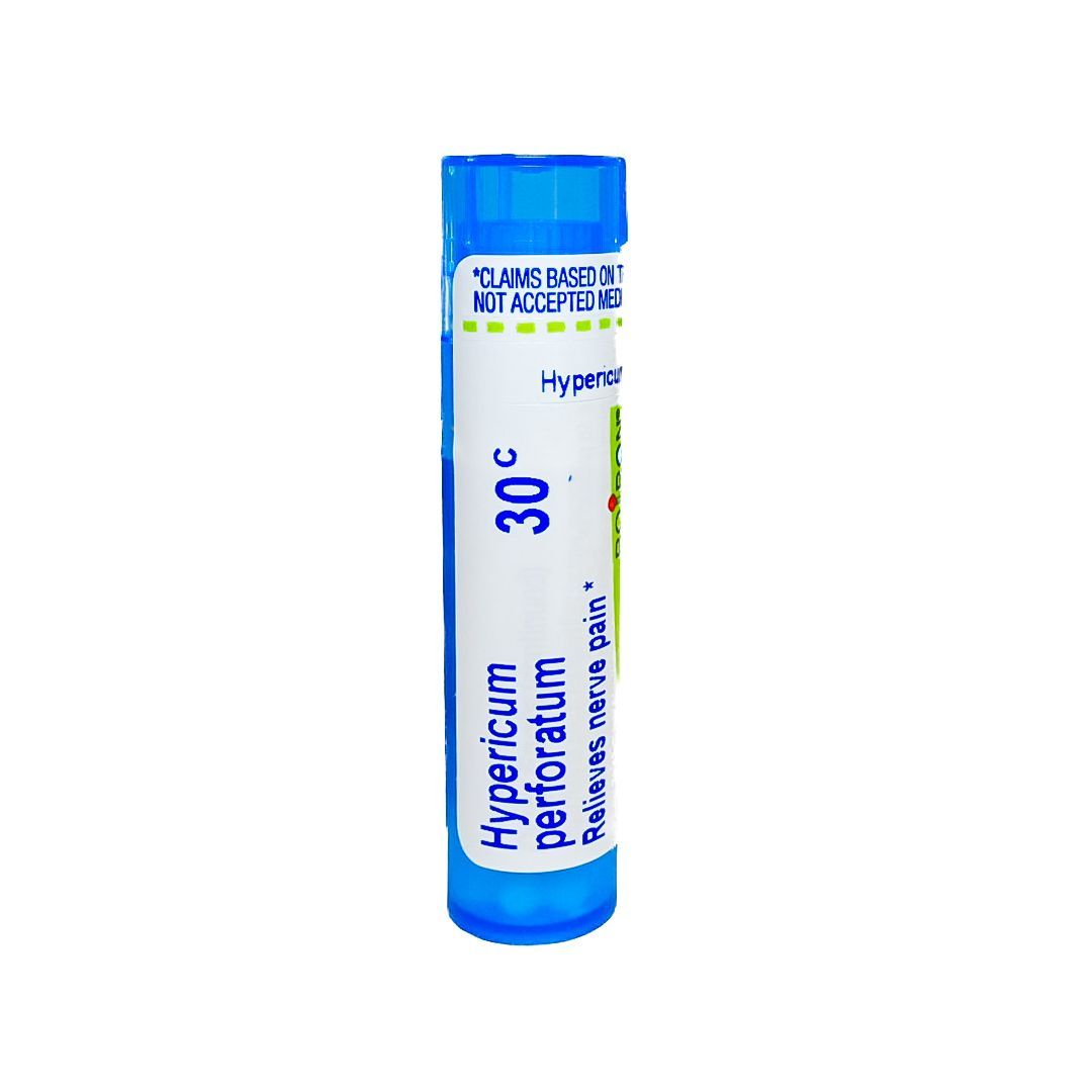 Blue-capped tube labeled Hypericum perforatum homeopathic remedy on a white background