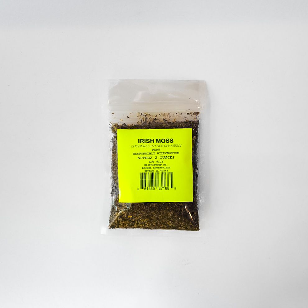 Small clear plastic bag of bright yellow-green moss on a white background.