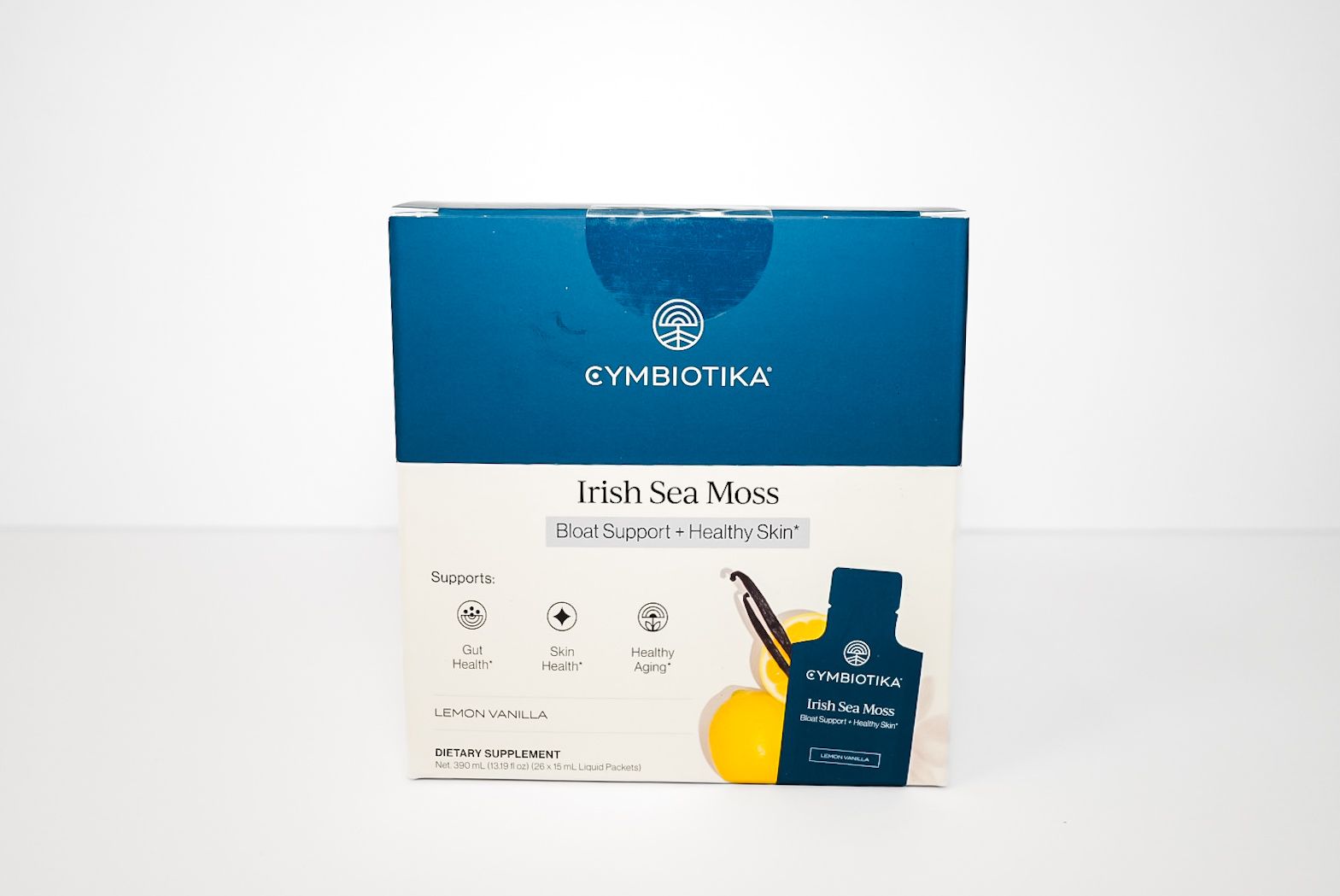 Blue-and-white skincare product box with lemon graphic and face mask packets