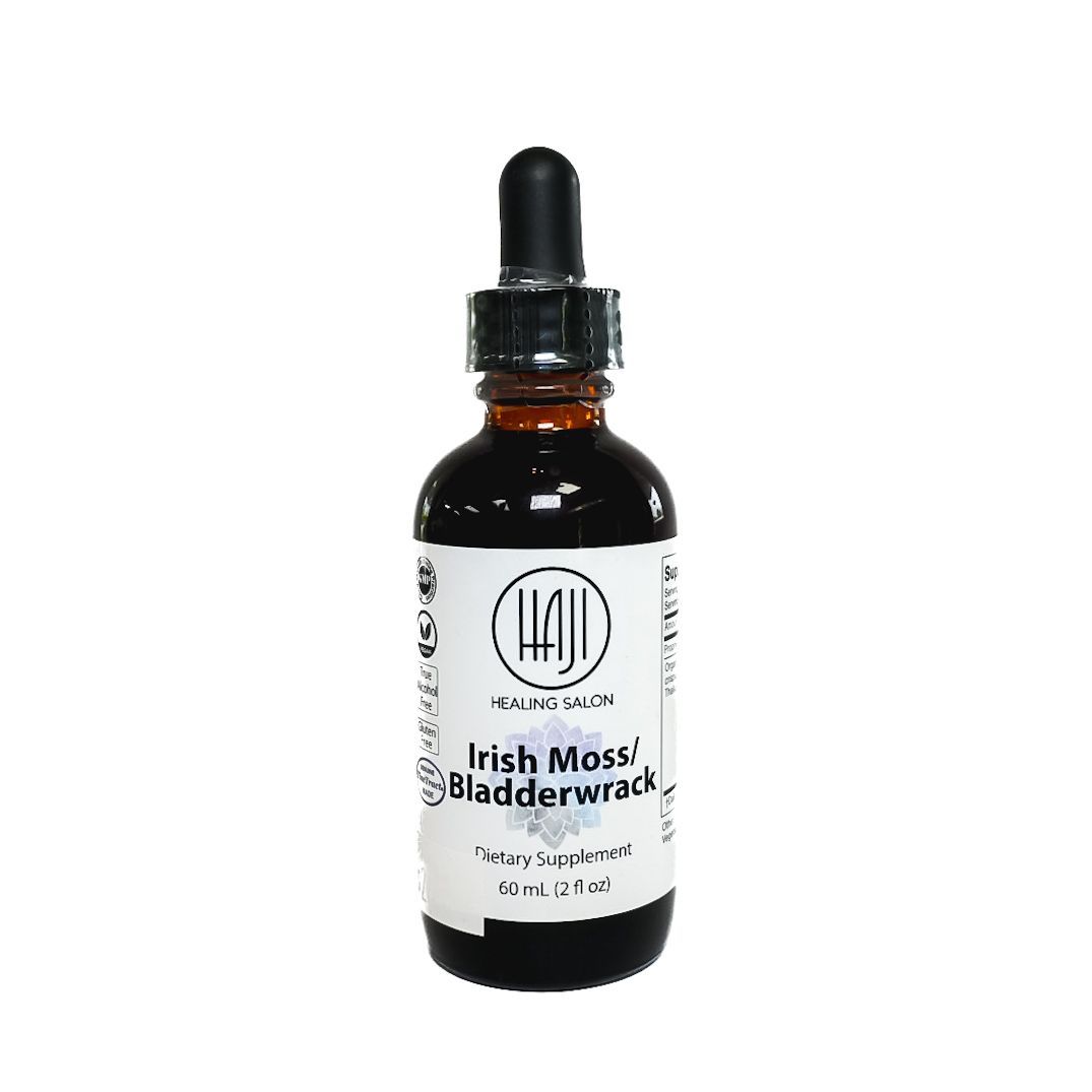 Dark glass dropper bottle labeled “Irish Moss & Bladderwrack” on a white background