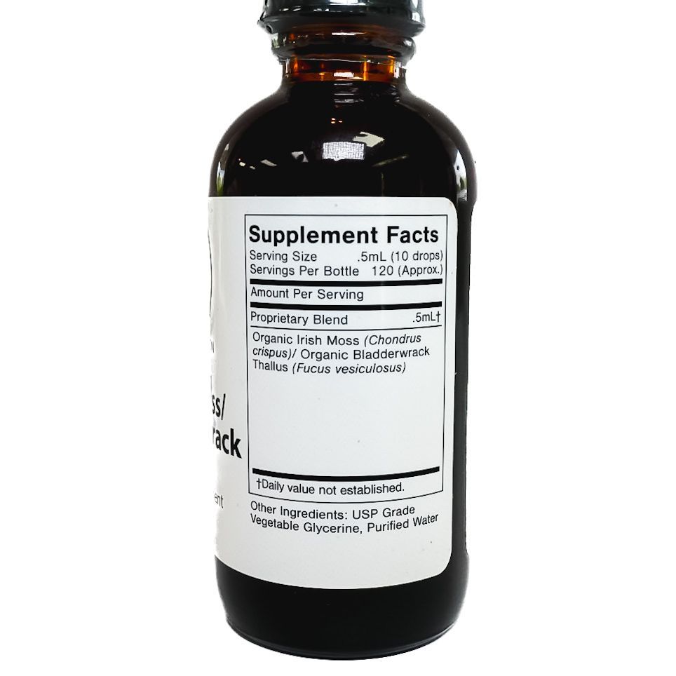 Dark glass dropper bottle labeled “Irish Moss & Bladderwrack” on a white background