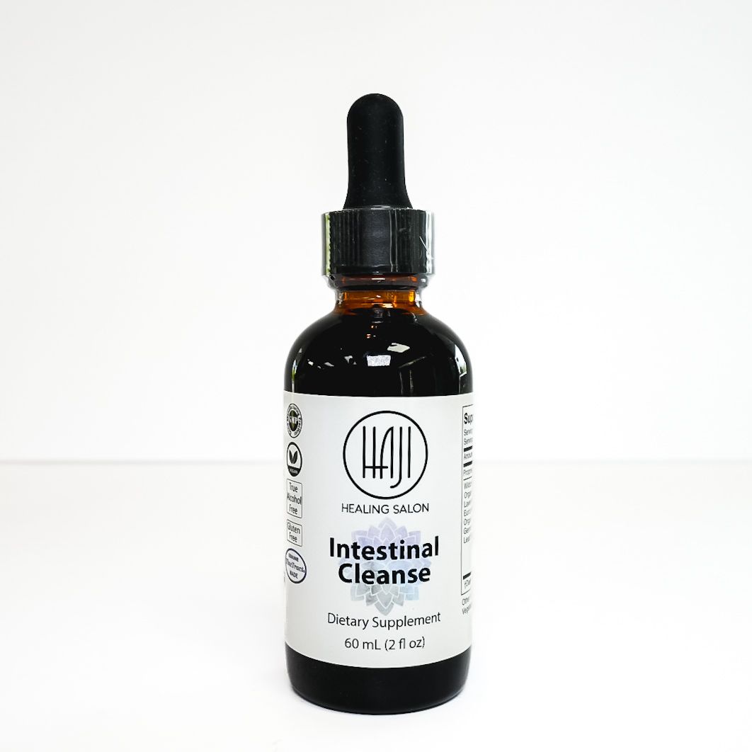Amber dropper bottle labeled “Intestinal Cleanse” on a white background