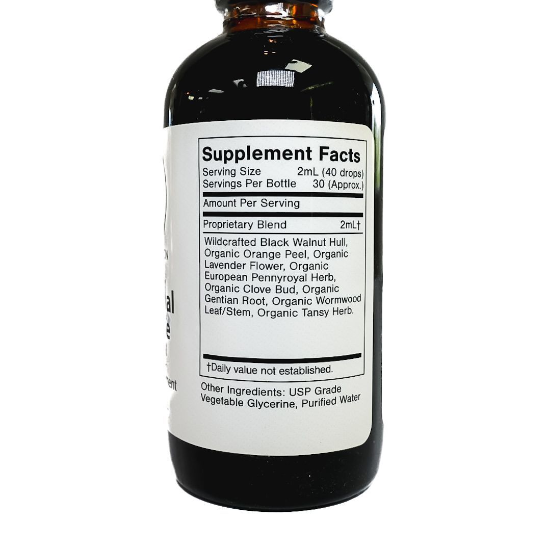 Amber dropper bottle labeled “Intestinal Cleanse” on a white background