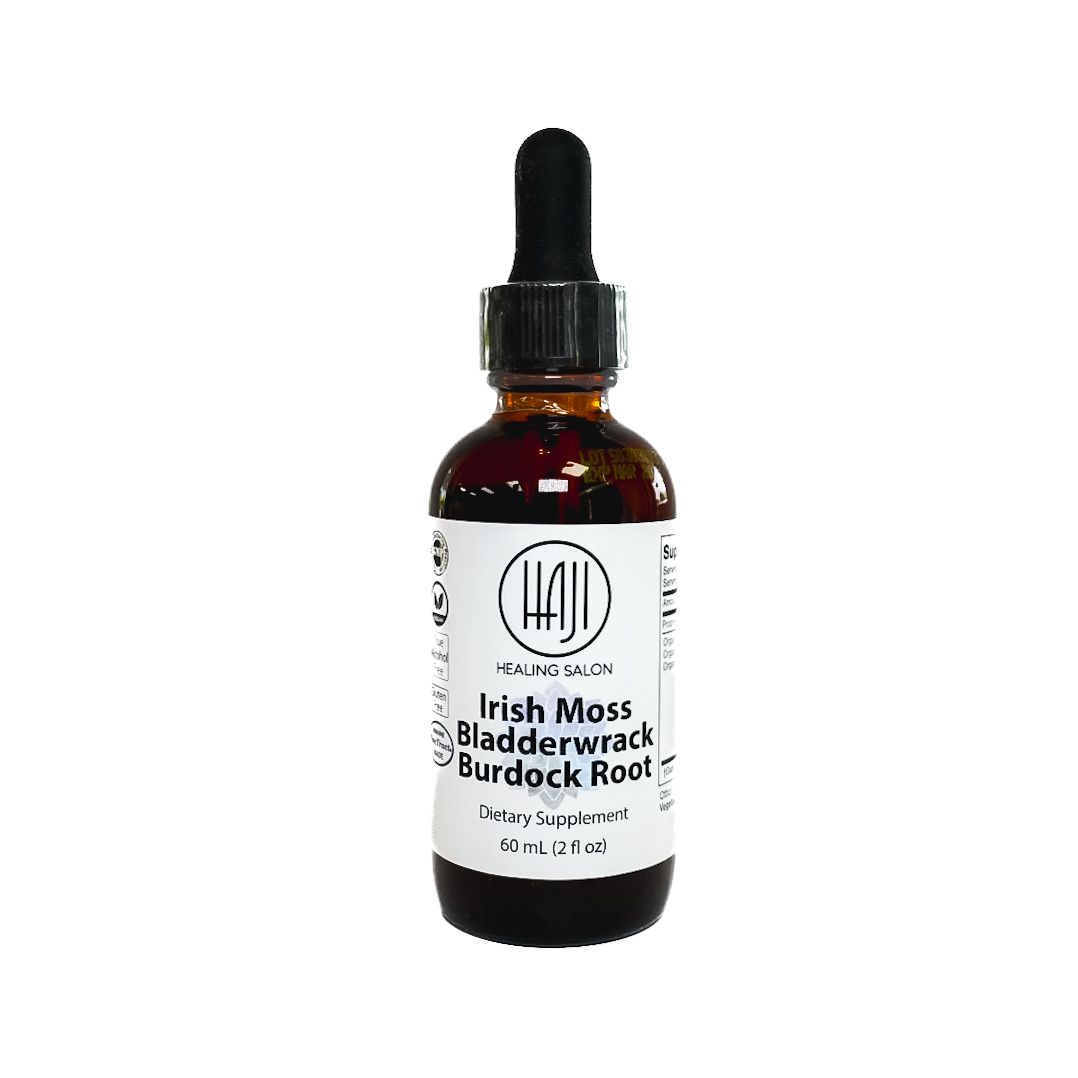 Brown dropper bottle labeled “Irish Moss, Bladderwrack, Burdock Root” on a white background