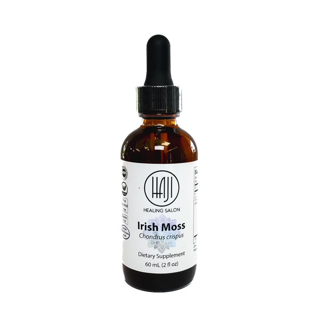 Amber dropper bottle labeled Irish Moss on a white background