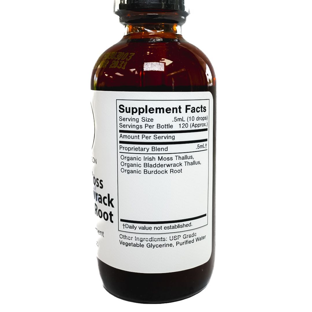 Brown dropper bottle labeled “Irish Moss, Bladderwrack, Burdock Root” on a white background