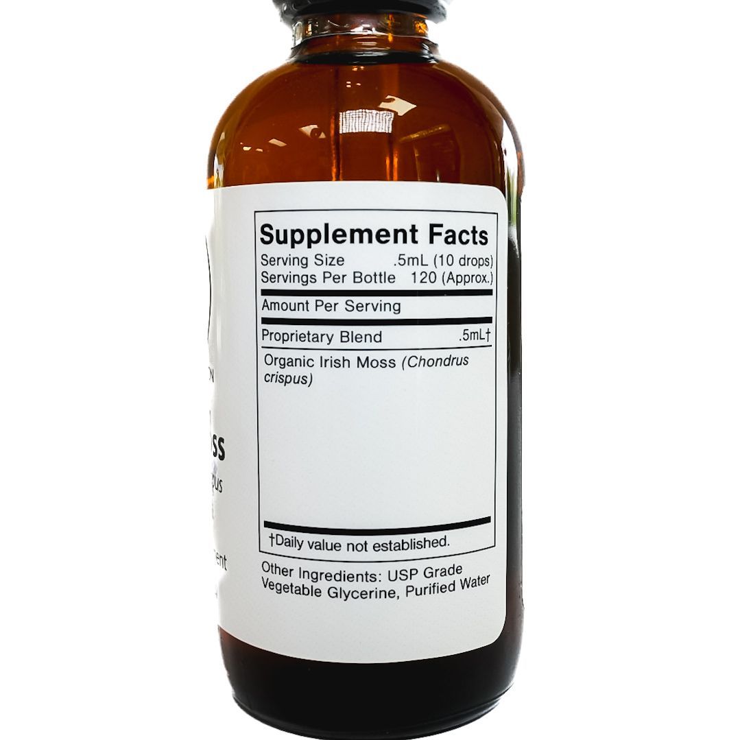 Amber dropper bottle labeled Irish Moss on a white background