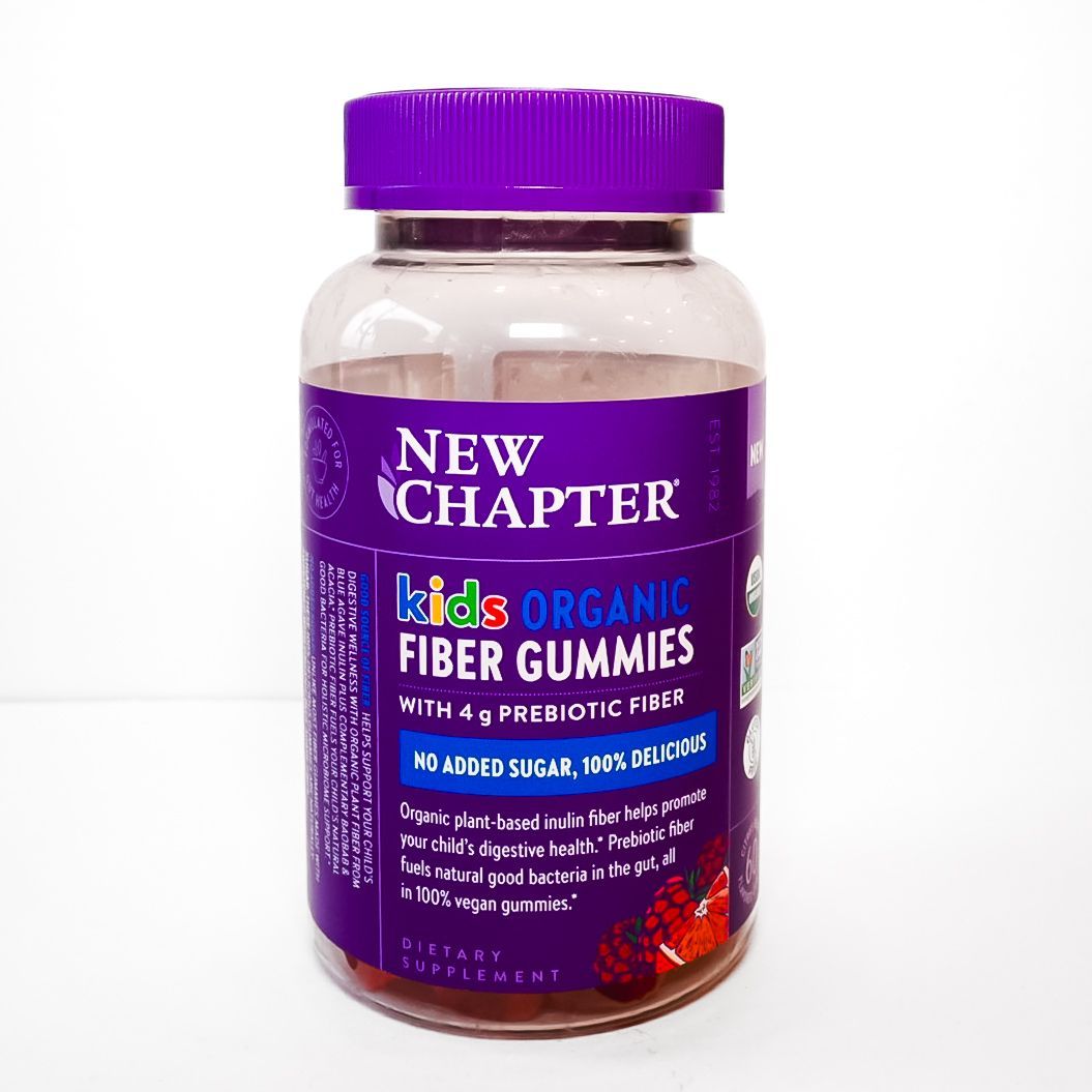 New Chapter Kids Organic Fiber Gummies bottle with purple label and cap on white background