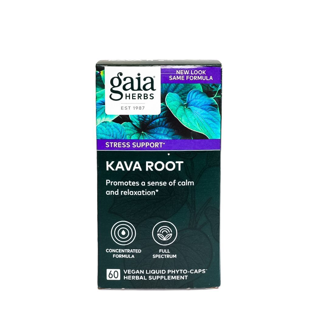 Gaia Herbs Kava Root stress support supplement box with purple and green leaf design