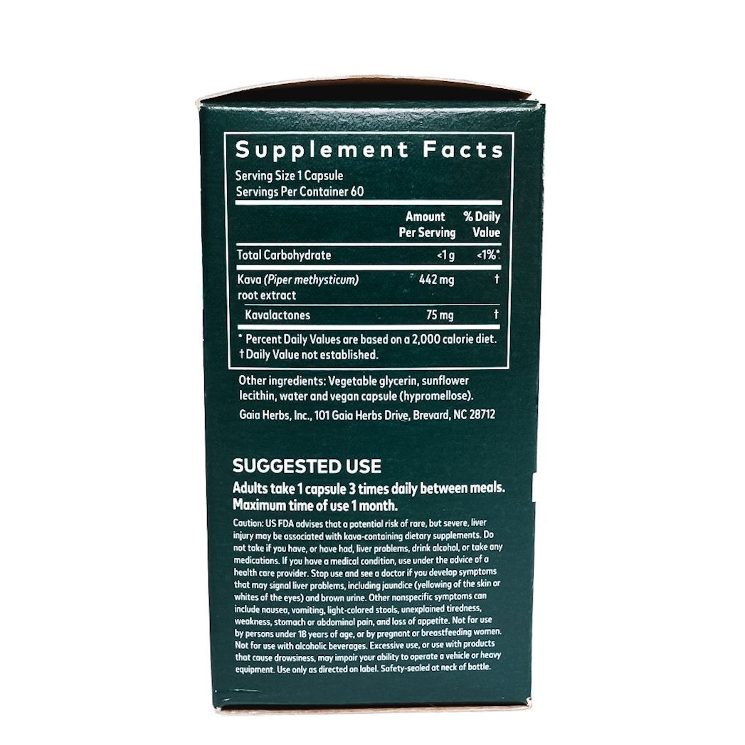 Gaia Herbs Kava Root stress support supplement box with purple and green leaf design