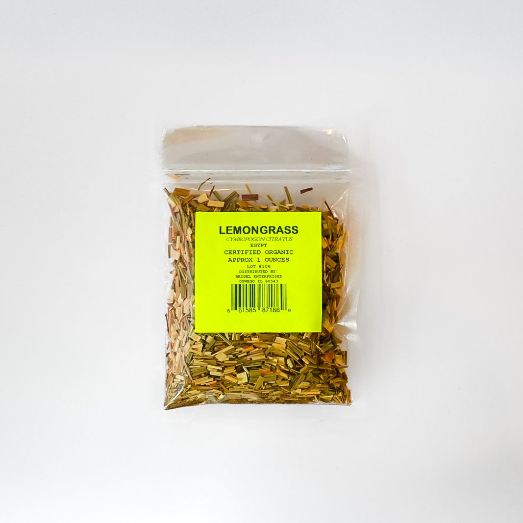 Clear bag of dried lemongrass with a bright yellow label on a white background