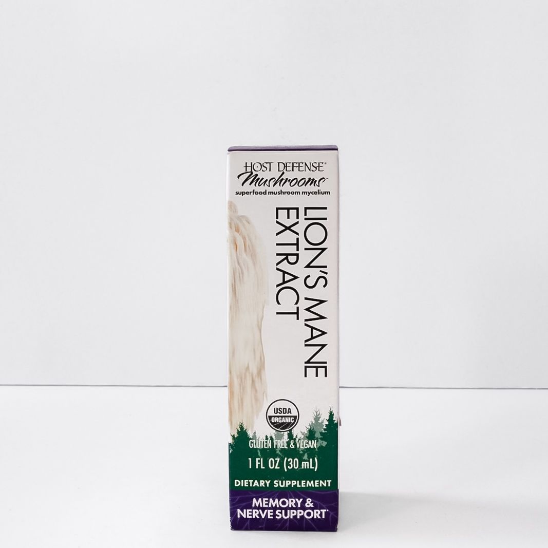White box labeled “Lion’s Mane Extract” with green bottom and purple accent on a plain background