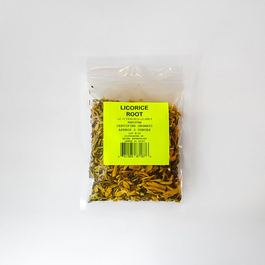 Clear plastic bag of dried licorice root with a bright yellow label on a white background
