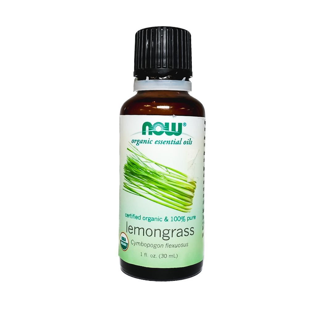 NOW Lemongrass essential oil bottle with black cap and green label on white background