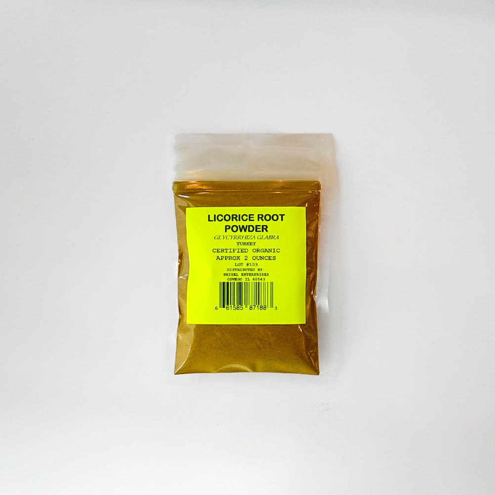 Yellow packet labeled “Licorice Root Powder” on a white background