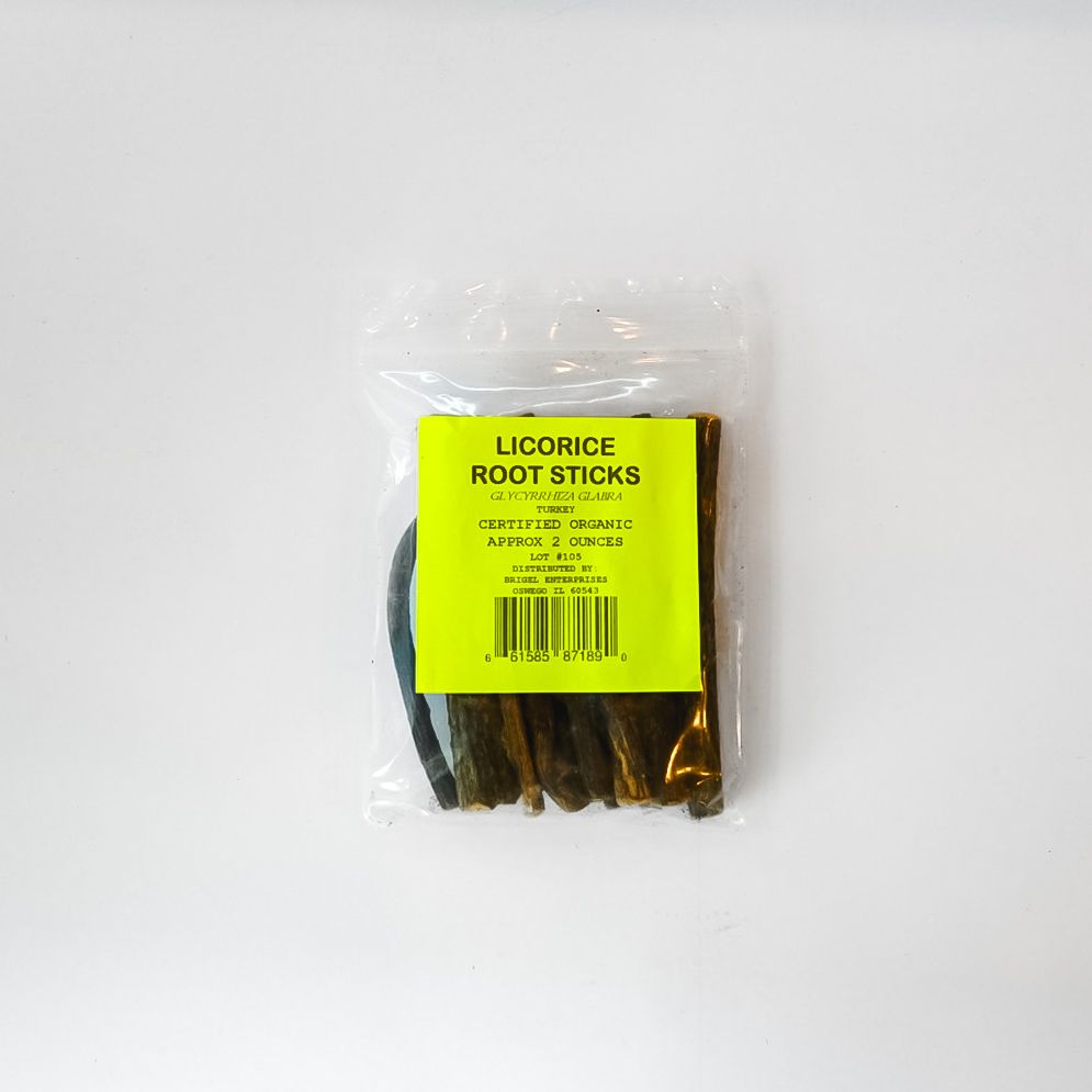 Bag of licorice root sticks with a bright yellow label on a white background