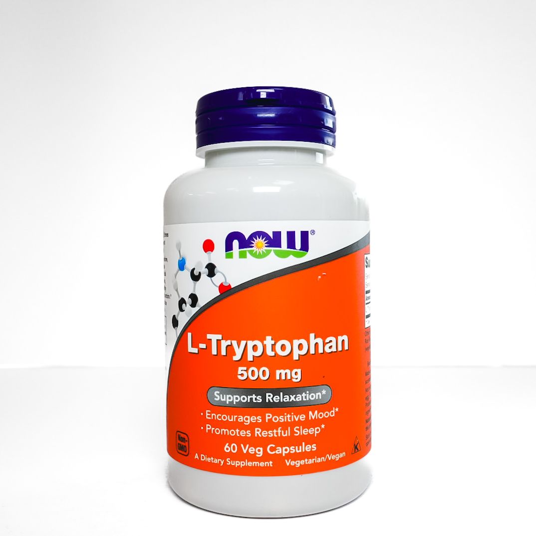 NOW L-Tryptophan 500 mg supplement bottle with orange label and blue cap