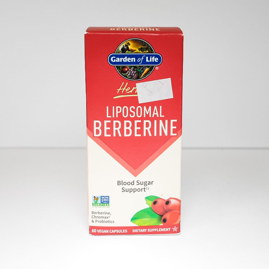 Red and white Garden of Life liposomal berberine supplement box for blood sugar support