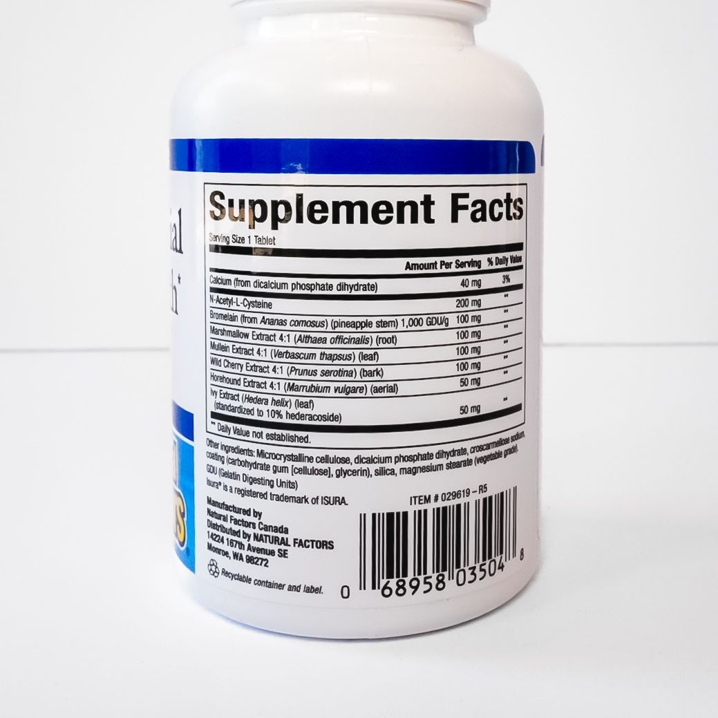 White bottle of lung, bronchial and sinus health supplement with blue label on white background
