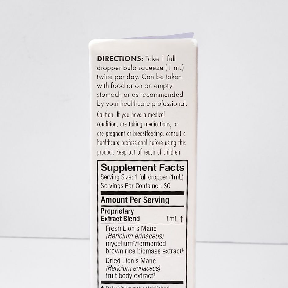 White box labeled “Lion’s Mane Extract” with green bottom and purple accent on a plain background