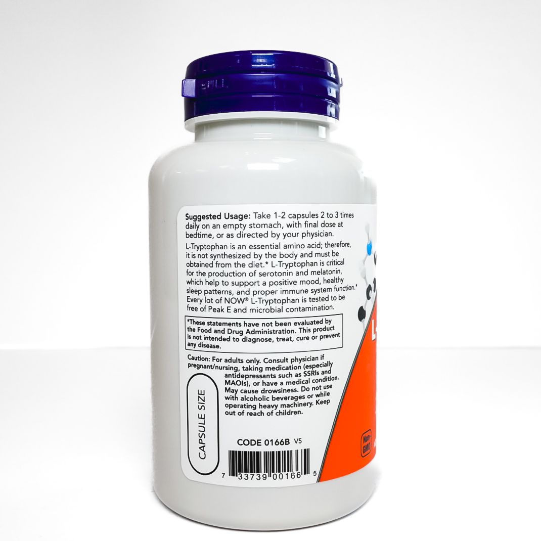 NOW L-Tryptophan 500 mg supplement bottle with orange label and blue cap