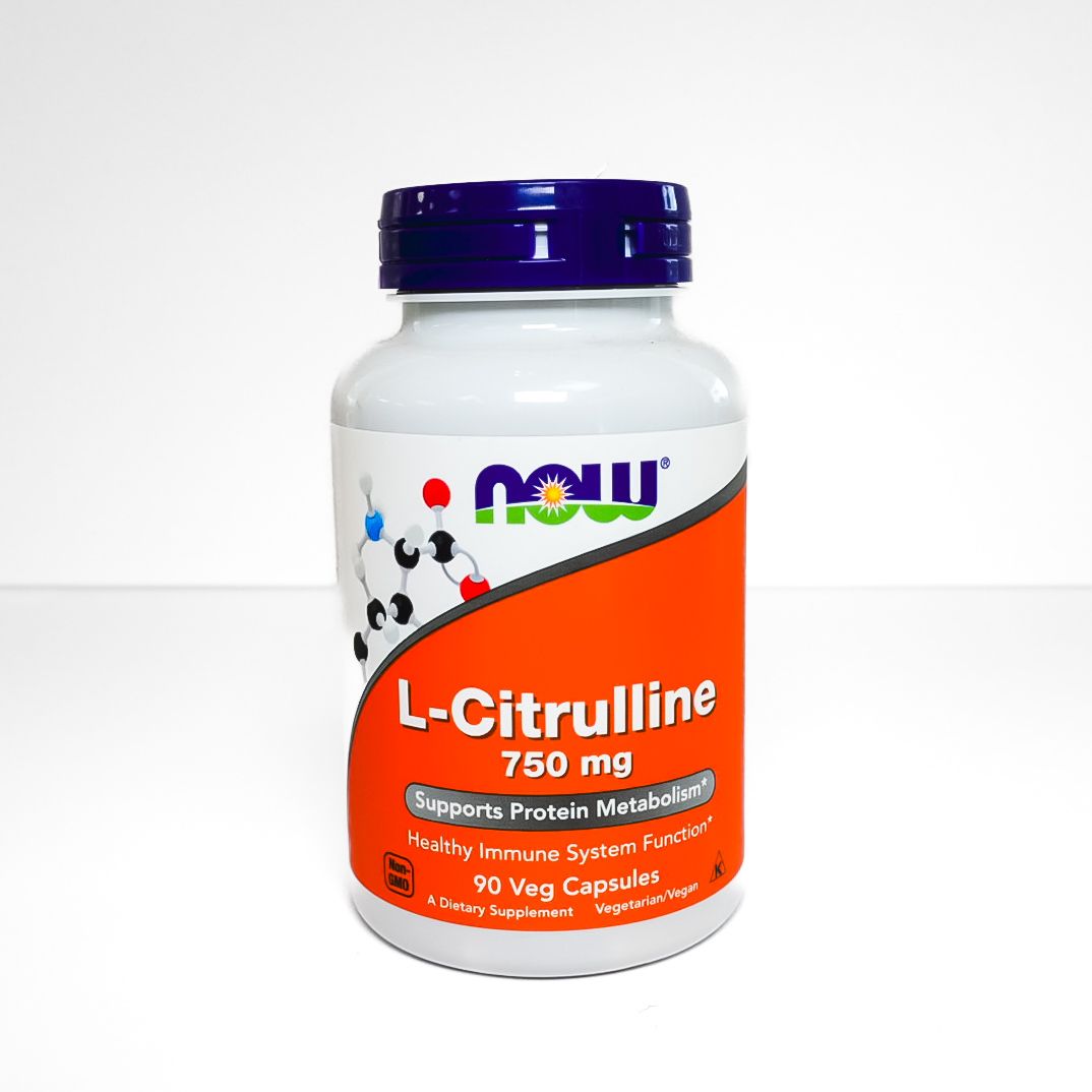 NOW L-Citrulline 750 mg supplement bottle with orange label and purple cap