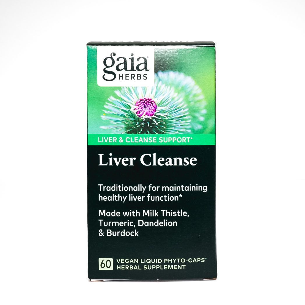 Gaia Herbs Liver Cleanse supplement box with green swirl design and black label