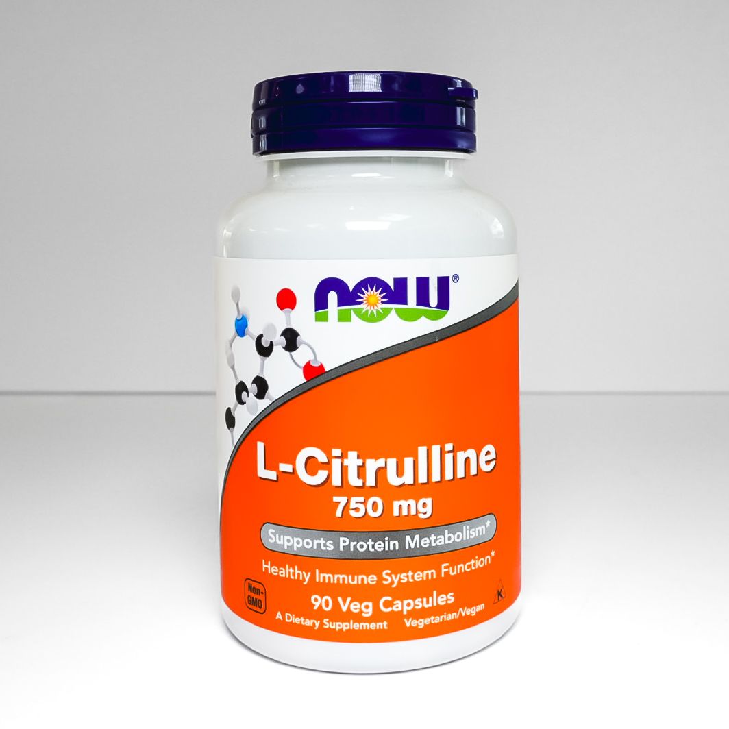 NOW L-Citrulline 750 mg dietary supplement bottle with orange label and purple cap