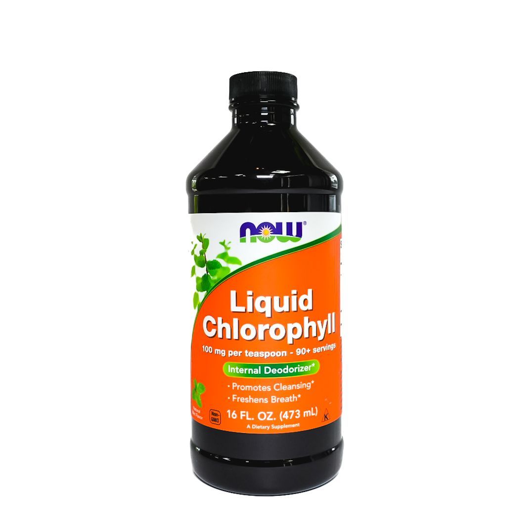 NOW Liquid Chlorophyll supplement bottle with orange label and black cap