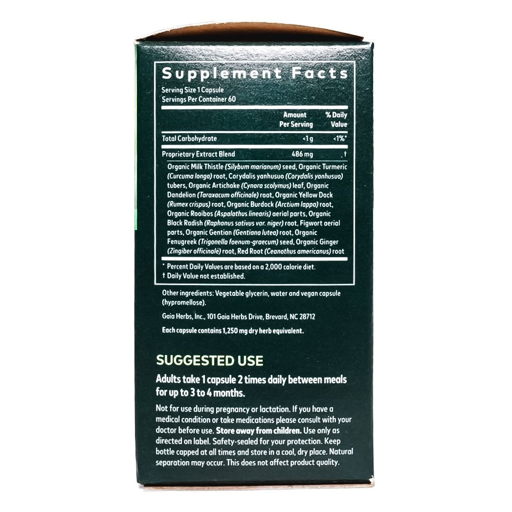 Gaia Herbs Liver Cleanse supplement box with green swirl design and black label