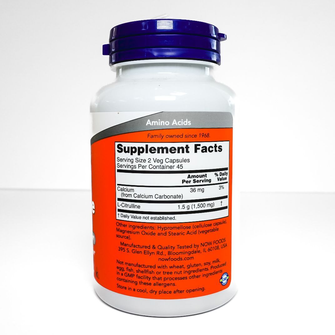 NOW L-Citrulline 750 mg supplement bottle with orange label and purple cap