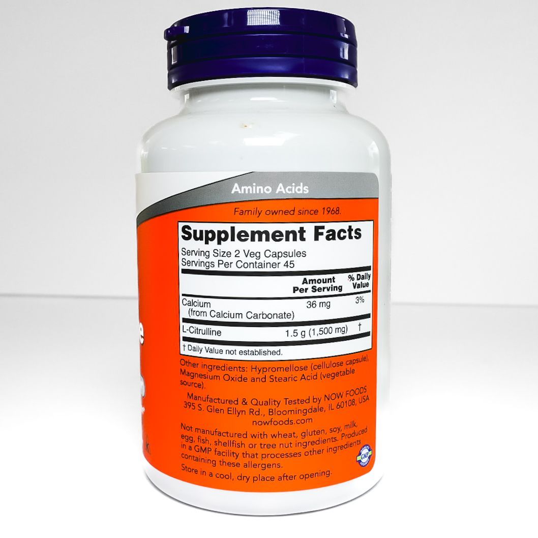 NOW L-Citrulline 750 mg dietary supplement bottle with orange label and purple cap