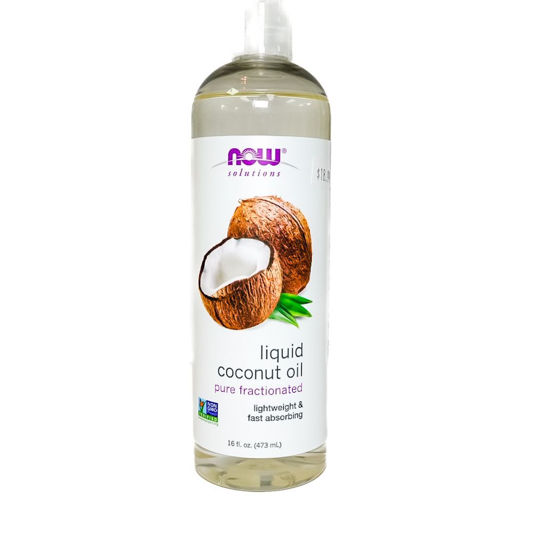 Bottle of coconut oil with a white label and coconut image on a plain background
