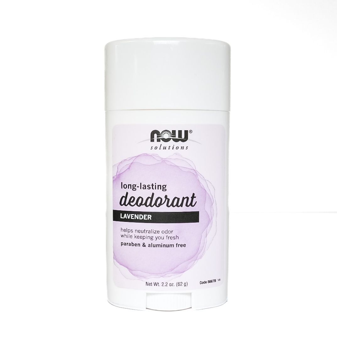 White NOW long-lasting lavender deodorant stick bottle on a plain background