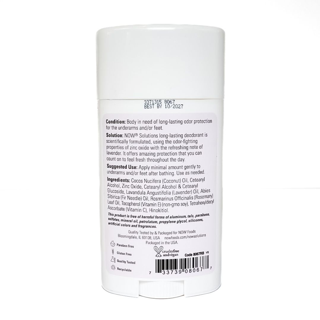 White NOW long-lasting lavender deodorant stick bottle on a plain background