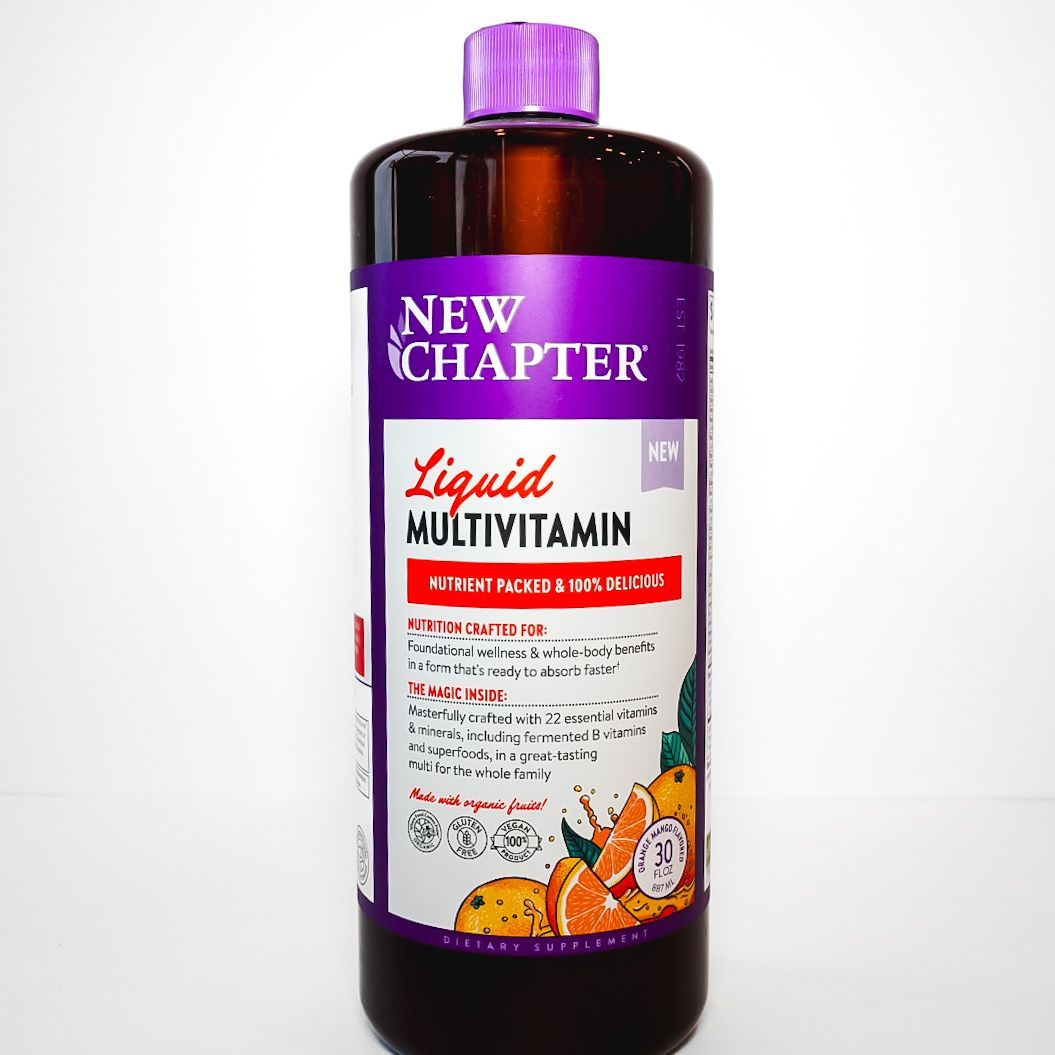 Purple bottle of New Chapter Liquid Multivitamin with white label and orange fruit illustration