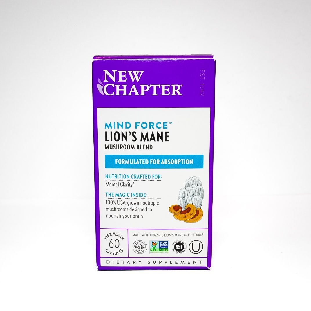 Purple New Chapter Mind Force Lion’s Mane supplement box with white text and mushroom illustration