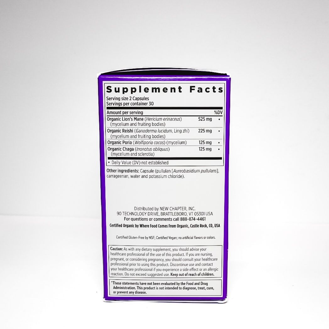 Purple New Chapter Mind Force Lion’s Mane supplement box with white text and mushroom illustration