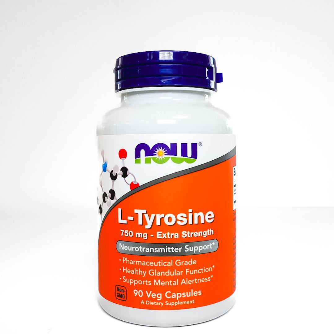NOW L-Tyrosine supplement bottle with orange label and blue cap