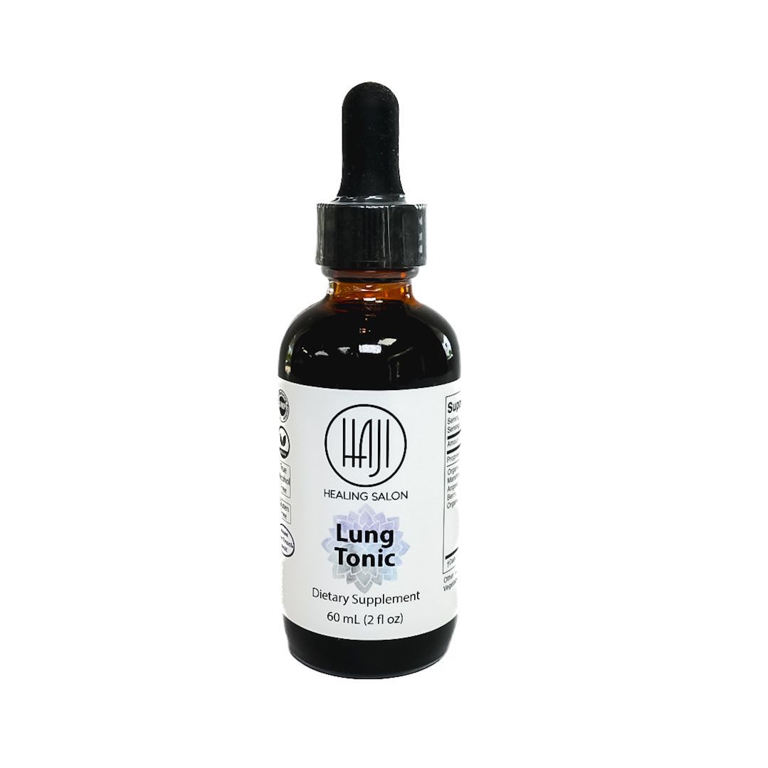 Amber dropper bottle labeled “Lung Tonic” on a white background