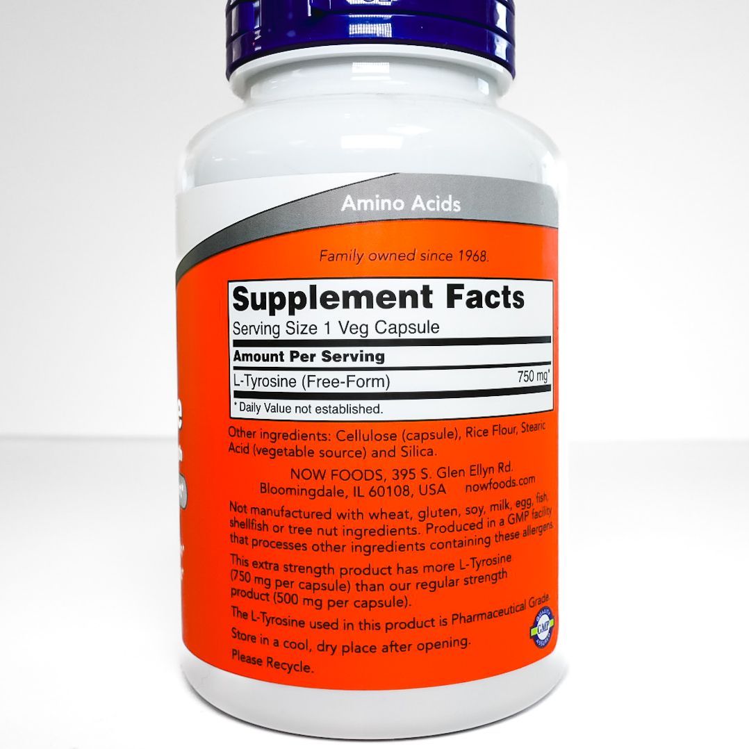 NOW L-Tyrosine supplement bottle with orange label and blue cap