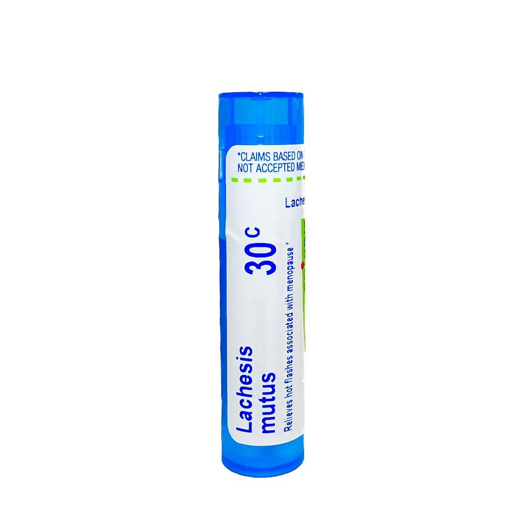 Blue pill bottle labeled “Lachesis mutus 30C” on a white background