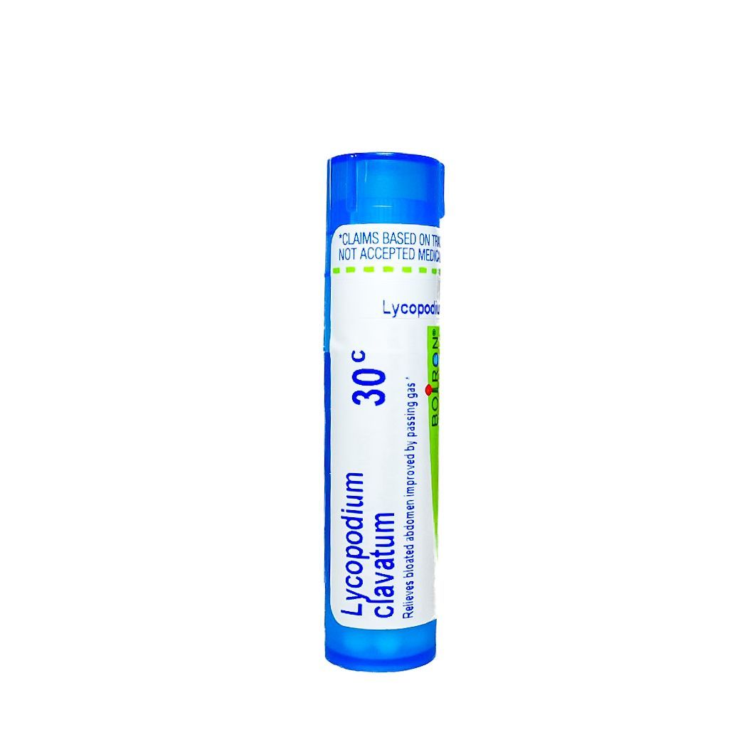 Blue tube of Lycopodium 30C homeopathic medicine on a white background