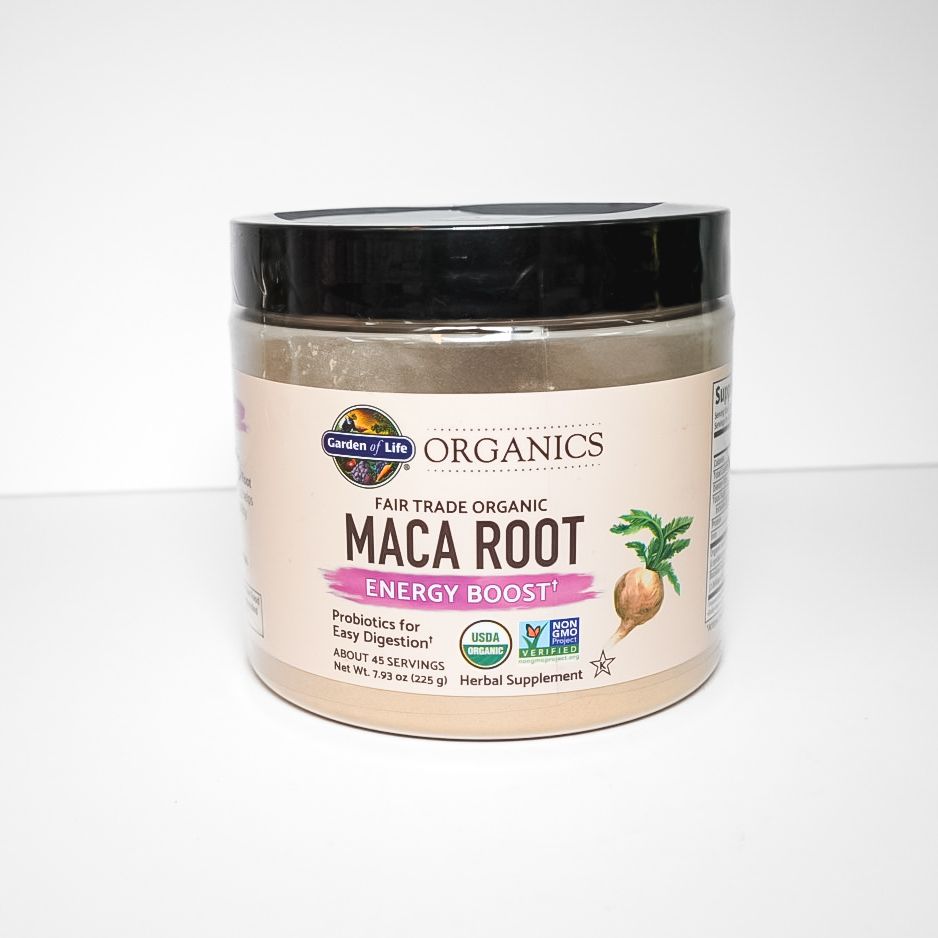 Organics Maca Root supplement jar with black lid and beige label on white background