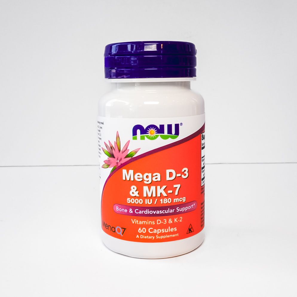 NOW Mega D-3 & MK-7 dietary supplement bottle with purple cap and orange label on white background