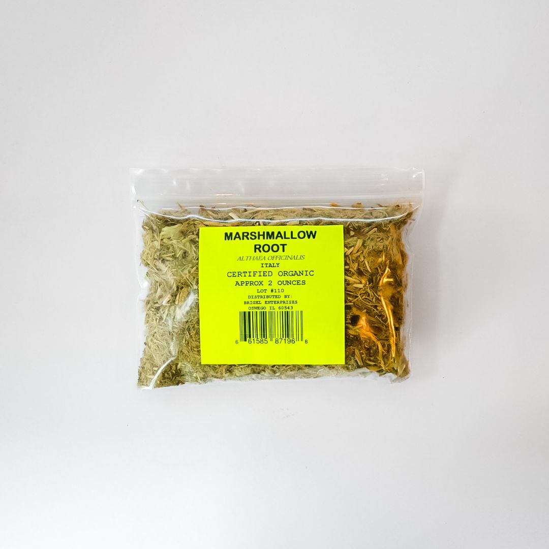 Clear plastic bag of dried marshmallow root with a bright yellow label on a white background