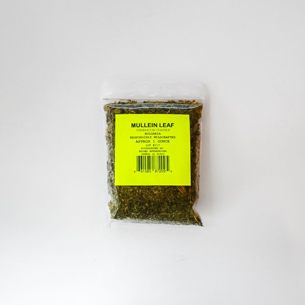 Small clear bag of dried mullein leaf with a bright yellow label on a white background