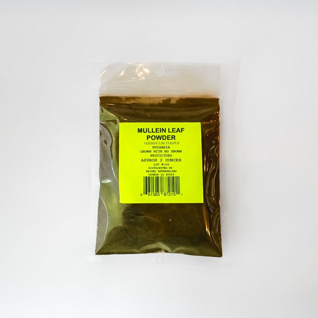 Clear bag of dried mullein leaf powder with a bright yellow label on a white background